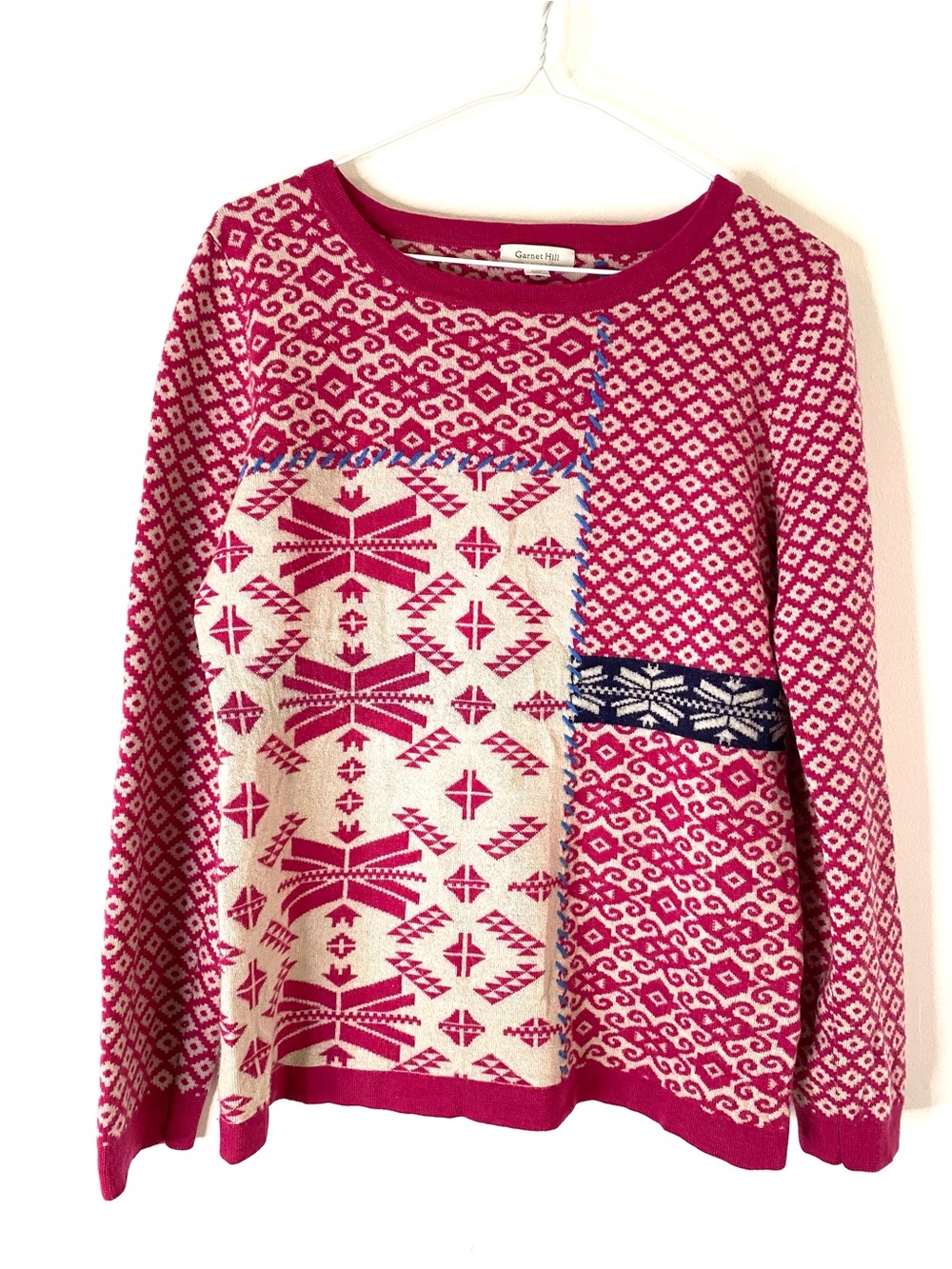 Garnet Hill 100% Merino Wool Fair Isle Patchwork Sweater Pink Nordic